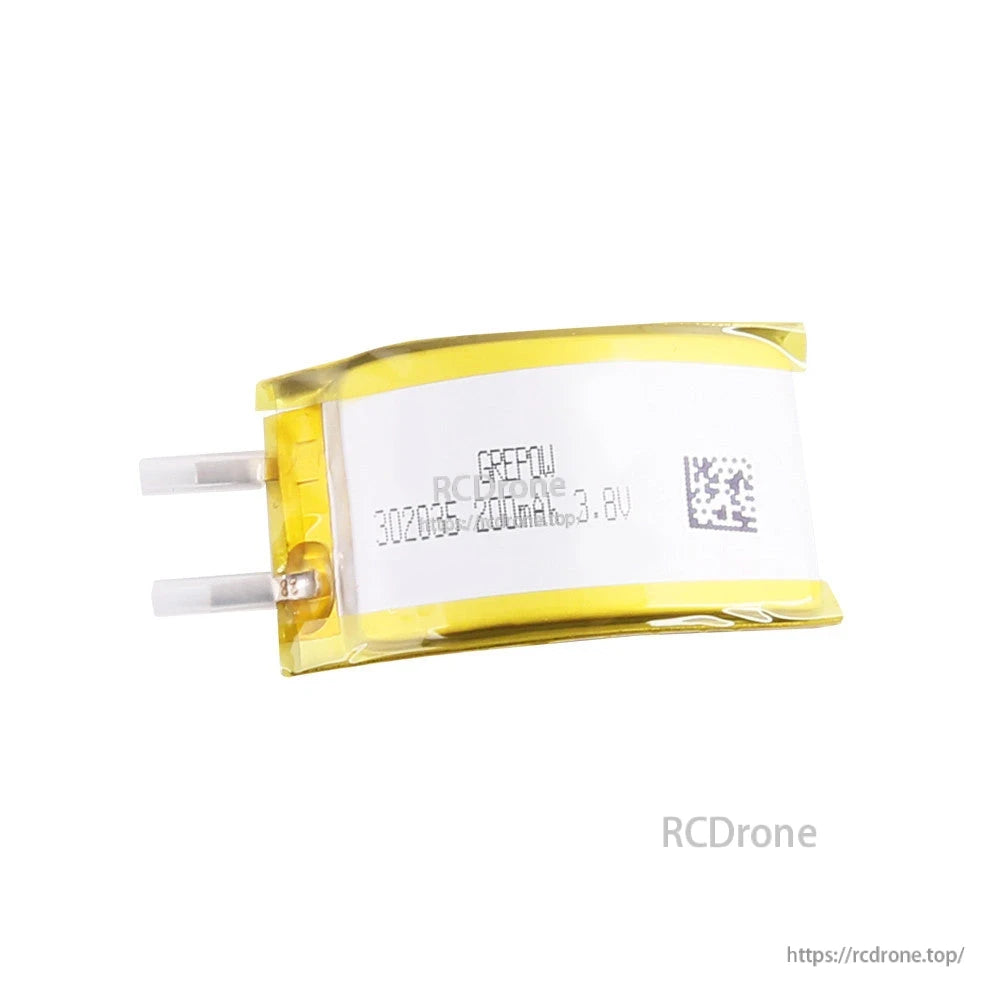 Grepow 3020035 curved 1S LiPo battery labeled 200mAh 3.8V, wrapped in yellow tape with two leads