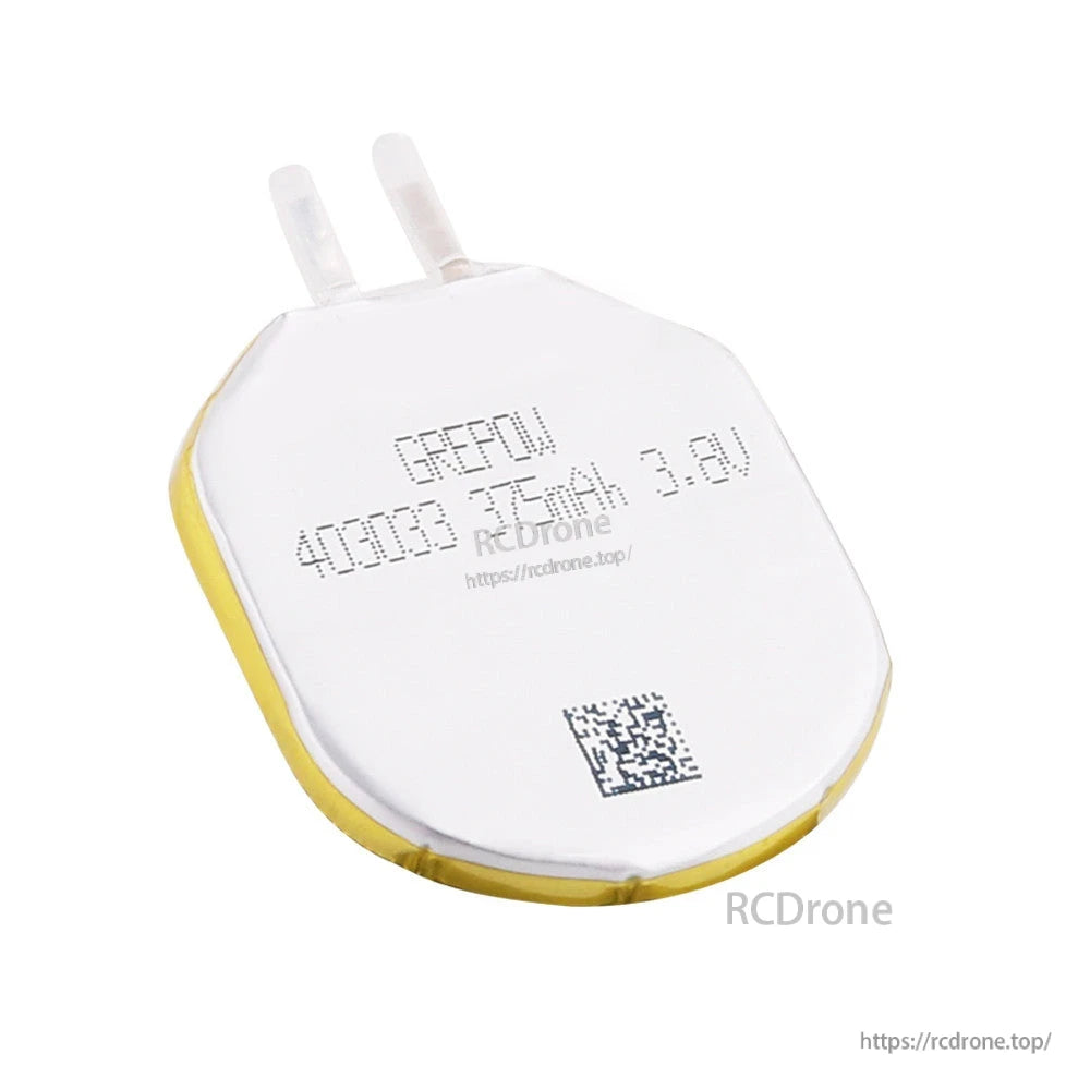 Grepow 4030033 3.8V 375mAh LiPo Battery, Grepow 4030033 3.8V 1S LiPo pouch battery with solder tabs and QR code label