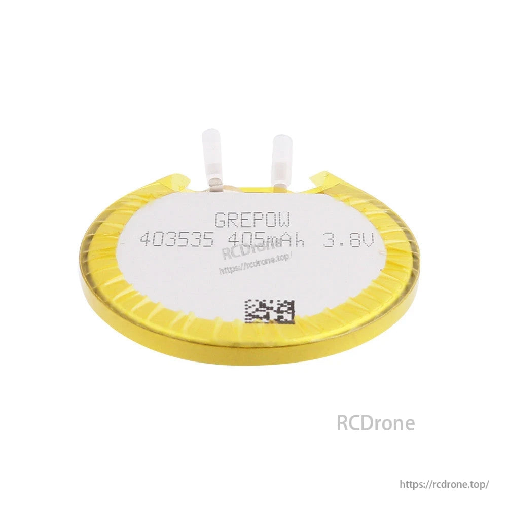 Grepow 4035035 3.8V 405mAh LiPo Battery, Grepow 403535 round LiPo battery labeled 405mAh 3.8V, with yellow wrap and two-wire lead