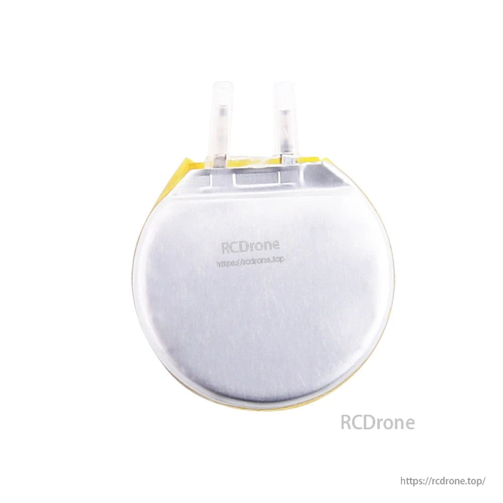 Round Grepow 3.7V 300mAh 1S LiPo battery with two terminal tabs and yellow insulating tape