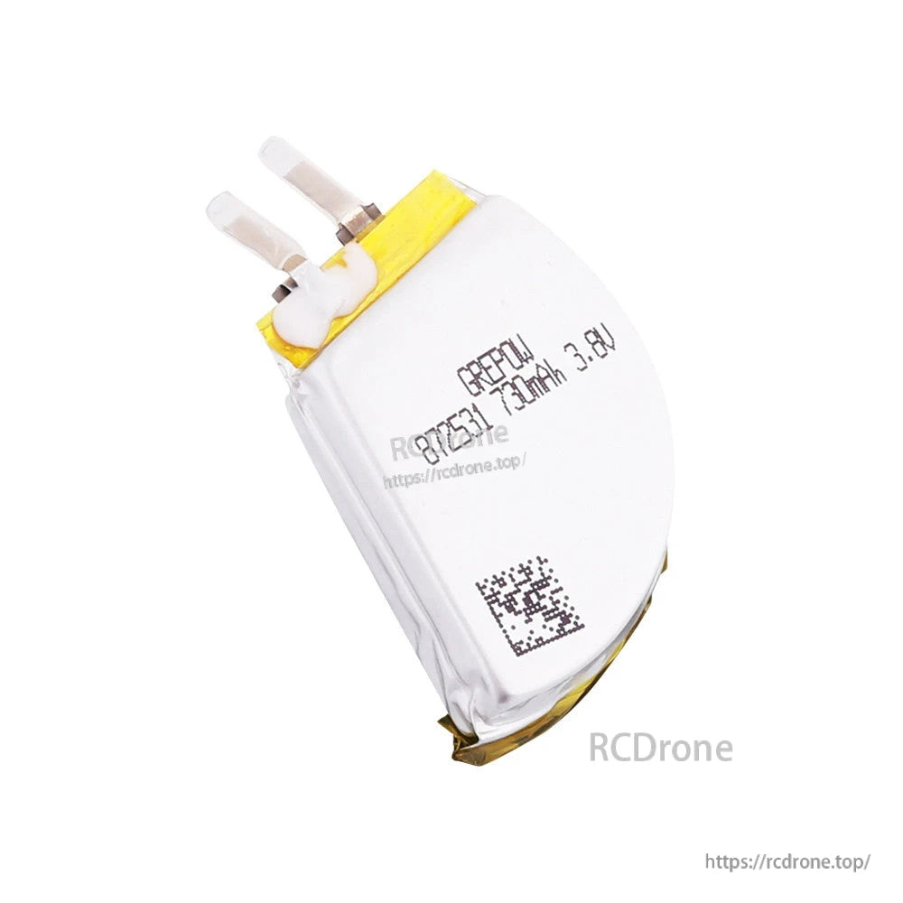 Grepow 8725031 LiPo Battery, Grepow 8725031 LiPo pouch battery labeled 130mAh 3.8V, with solder tabs and QR code