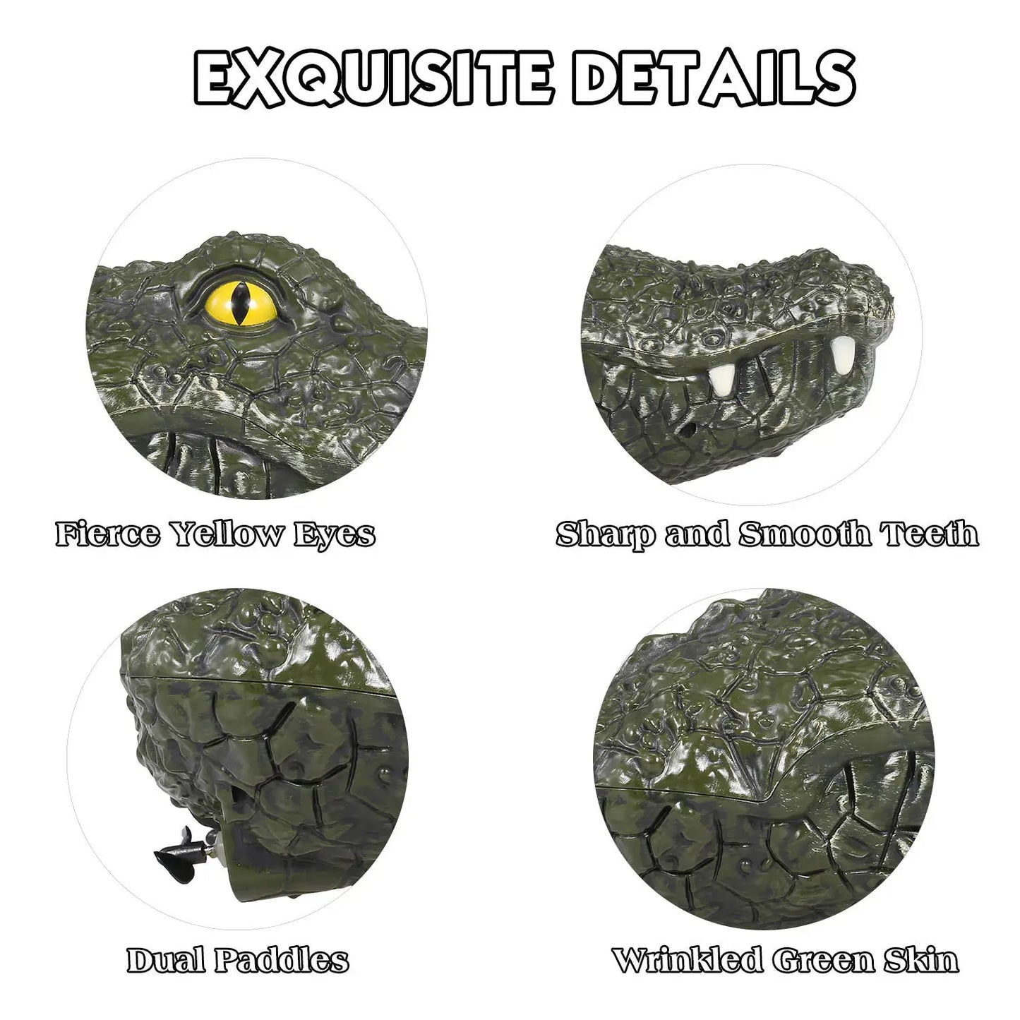 RC Boat, Yellow eyes, sharp teeth, dual paddles, wrinkled green skin.