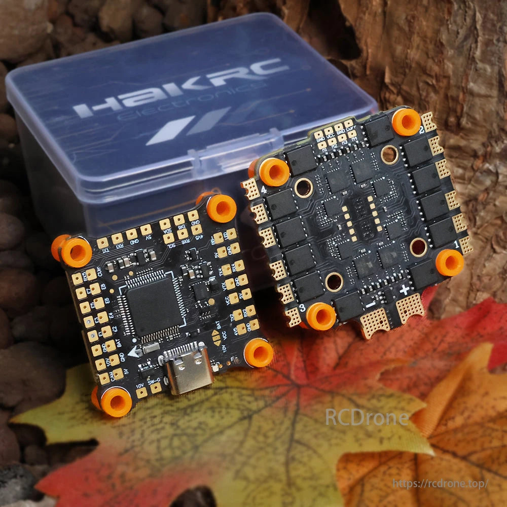 HAKRC F405 45A Stack combines STM32F405 flight controller and 4-in-1 45A ESC for enhanced drone performance.
