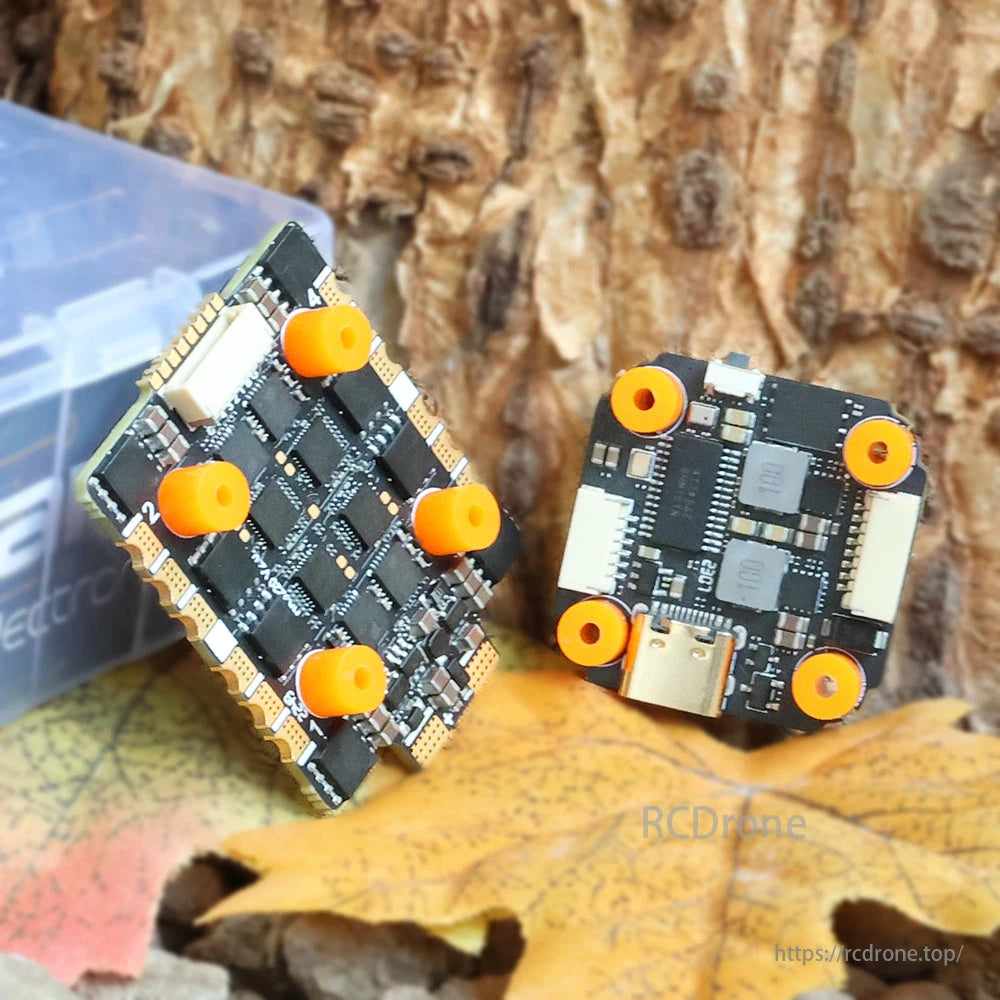 HAKRC F722 Mini stack for FPV drones features STM32F722, ICM42688, 2-6S/8S support, and compact design with orange connectors.