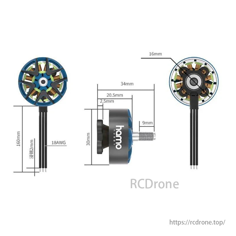 HAMO HOBBY 2407 1750KV 6S Brushless Motor, HAMO HOBBY 2407 motor specs: 160mm length, 34mm diameter, 20.5mm shaft, 18AWG winding.