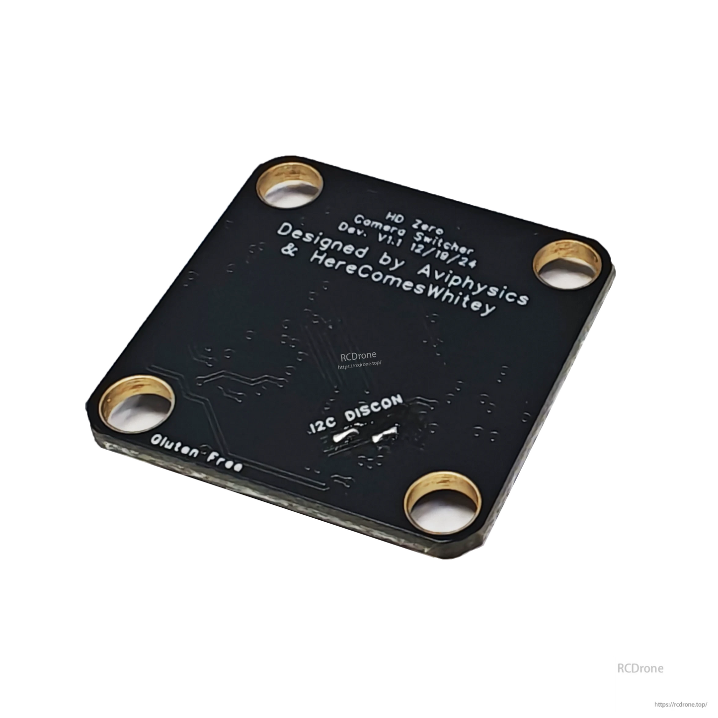 Back of HDZero camera switch PCB with “Designed by Aviphysics & Herecomeswitey” text and mounting holes