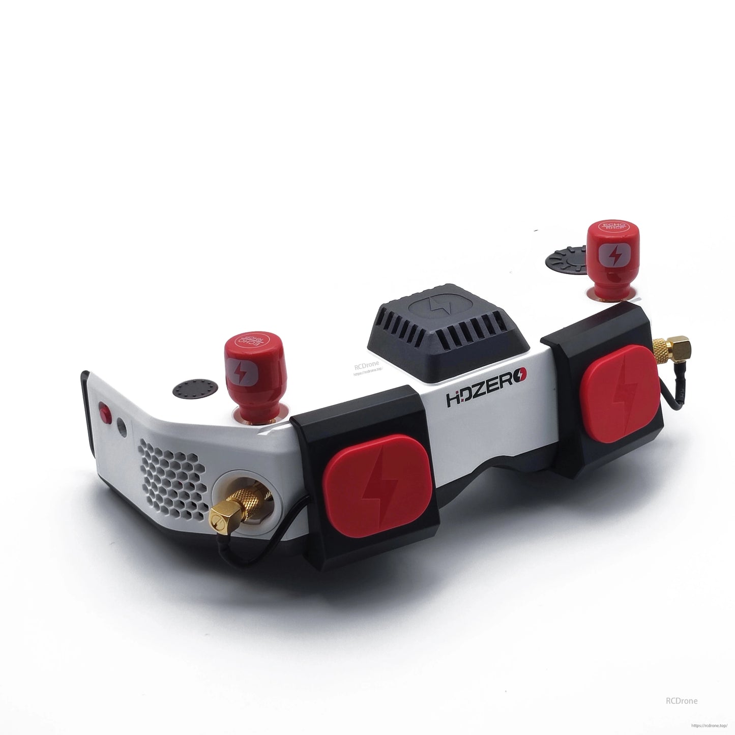 HDZero Goggle side angle showing SMA antenna ports, red side panels, and top vent housing
