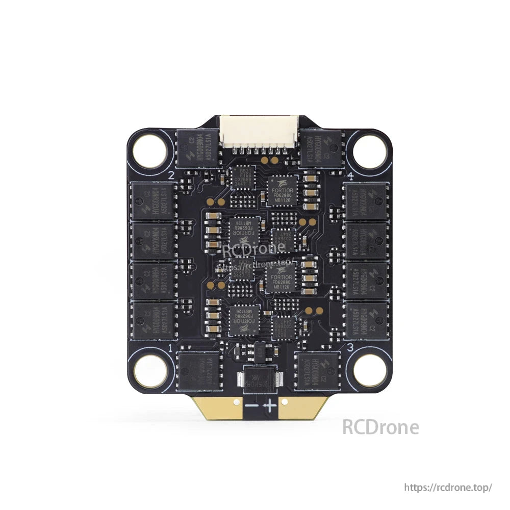 HGLRC 4-in-1 ESC underside view showing signal connector and motor pad numbering 1–4