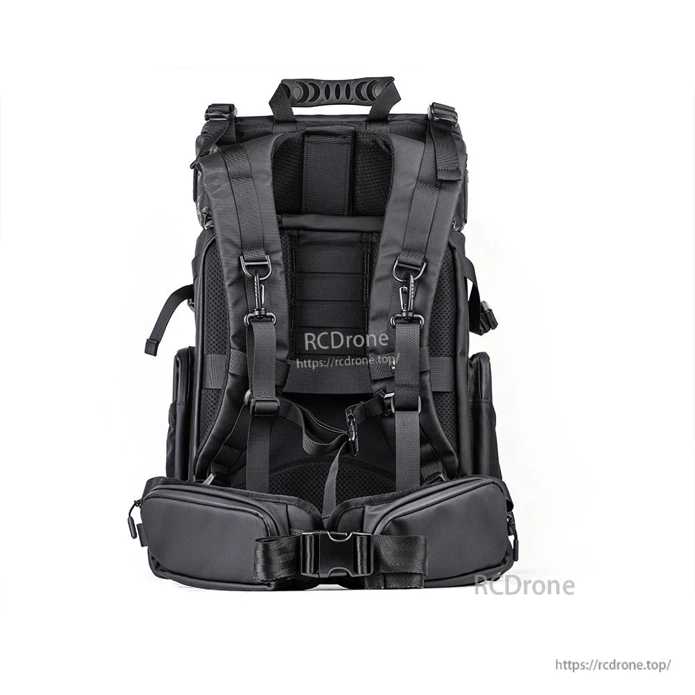 Back view of backpack with lumbar support belt attached and waist buckle fastened