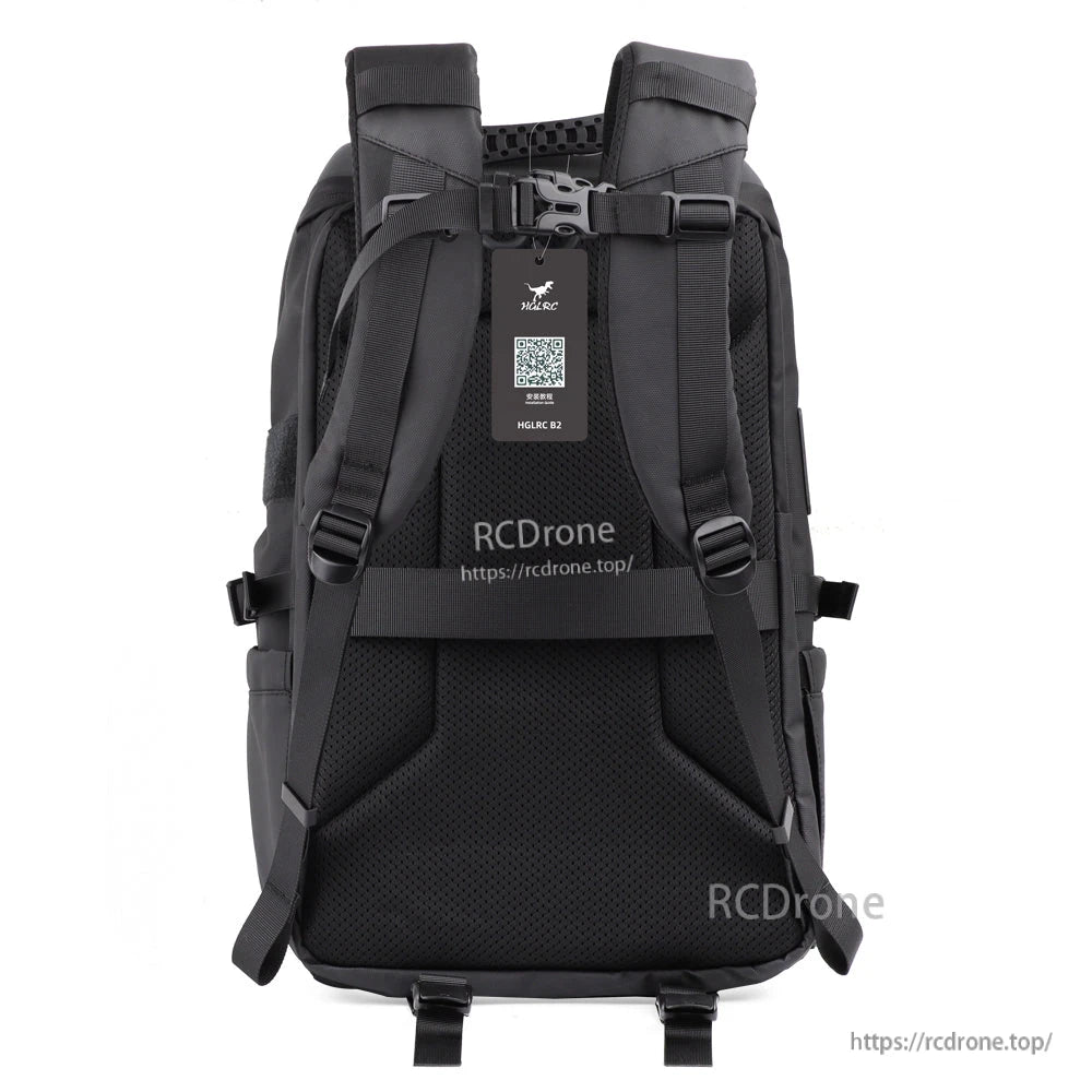 Rear view with padded shoulder straps, chest buckle and back panel padding on HGLRC B2 backpack