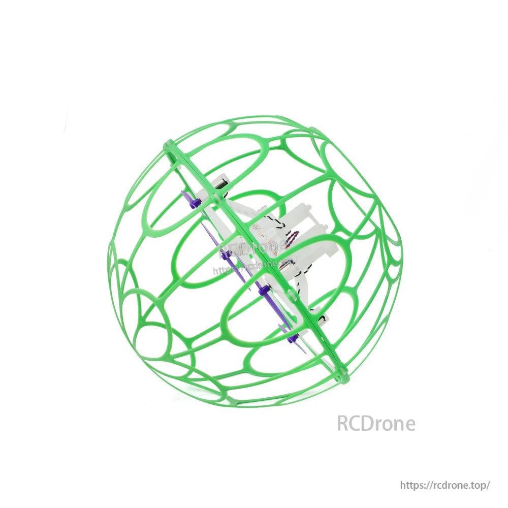 Angled view of green spherical cage showing cross brace and internal drone body