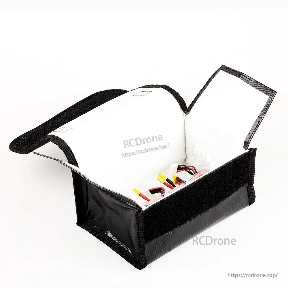 Open battery safe bag angled view showing insulated white lining and RC LiPo battery leads inside