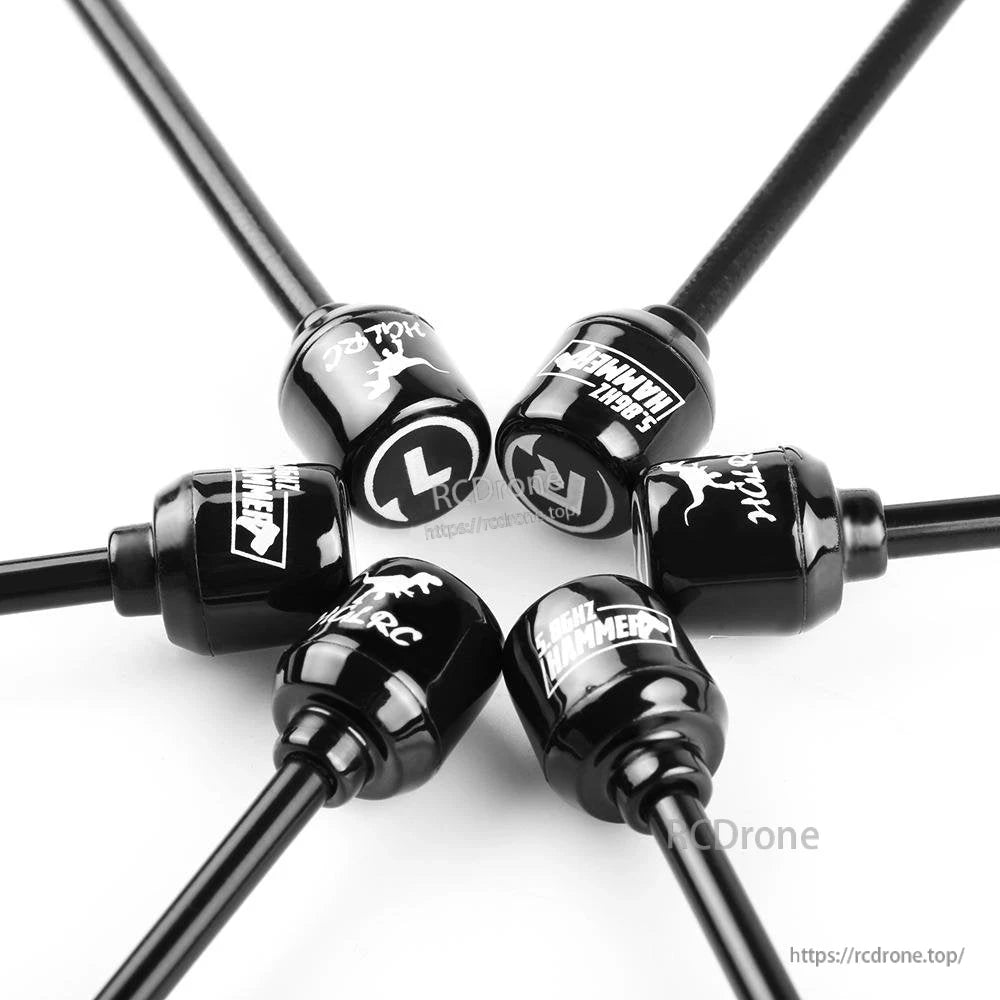 Angled close-up of Hammer Mini antenna radomes showing HGLRC logos and L/R marking detail
