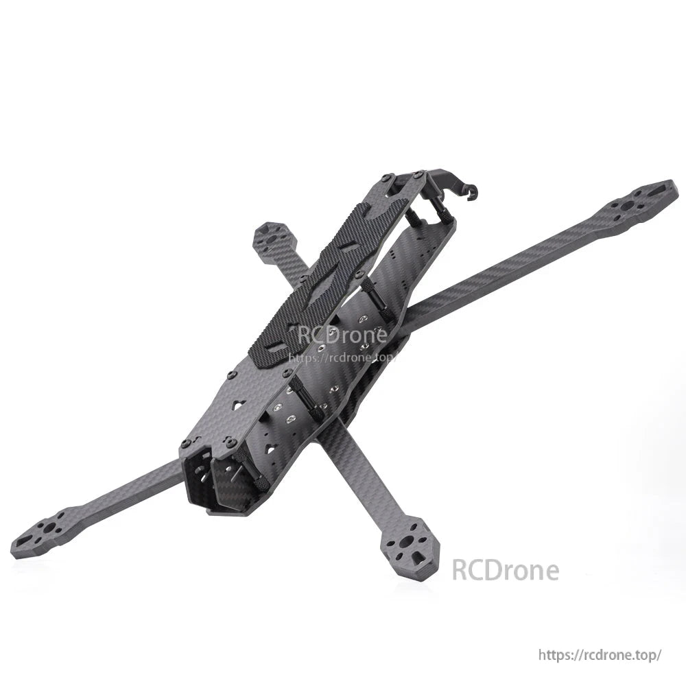 Angled rear-right view of the assembled MY7 frame highlighting top plate cutouts and rear mount