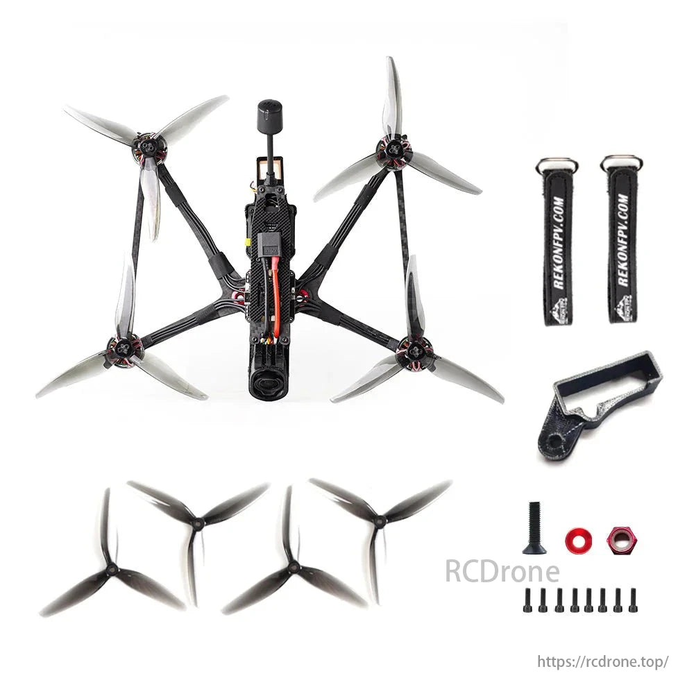 HGLRC Rekon5 Mini Long Range 5-Inch FPV, HGLRC Rekon5 Mini, a 5-inch long-range FPV drone, features 6S Analog/DJI O3/HD VTX support, plus propellers, straps, and accessories.