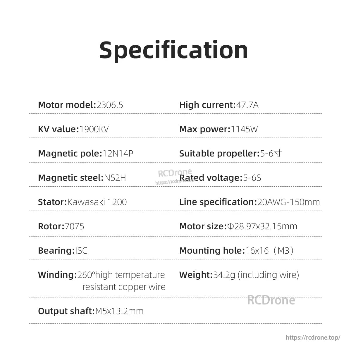 Specification table for HGLRC SPECTER 2306.5 1900KV brushless motor (KV, power, size, mounting, weight)