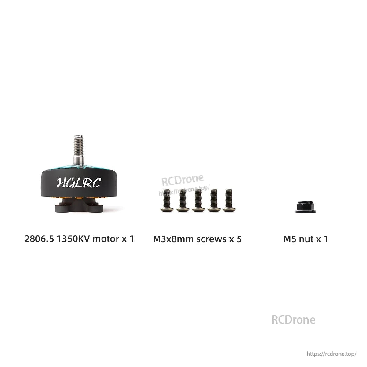Package contents: 2806.5 1350KV motor, five M3x8mm screws, and one M5 nut
