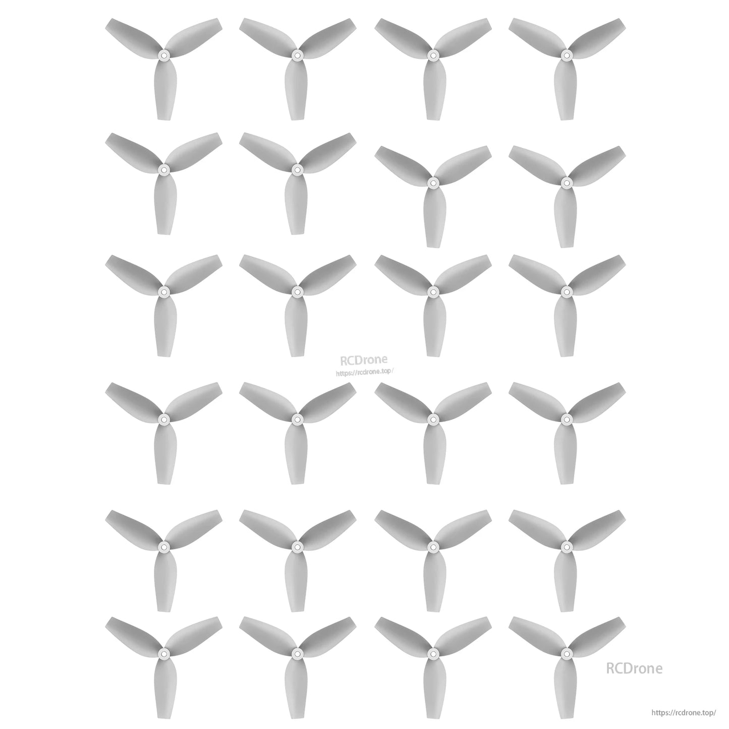 HQ 40MMX3 40mm 3-Blade Propeller, Set of grey HQ 40mm 3-blade micro drone propellers laid out in a grid on a white background