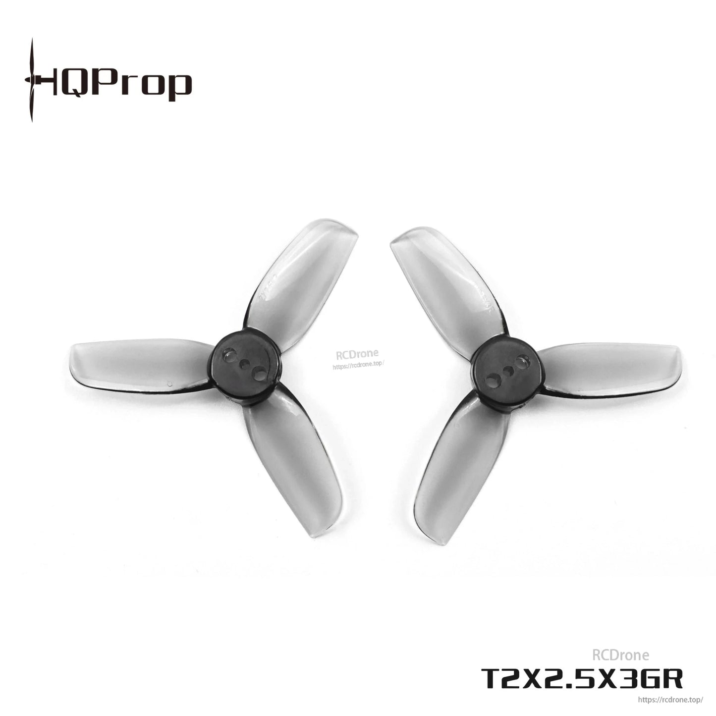 HQProp T2X2.5X3GR three-blade propellers in gray, two props shown on white background