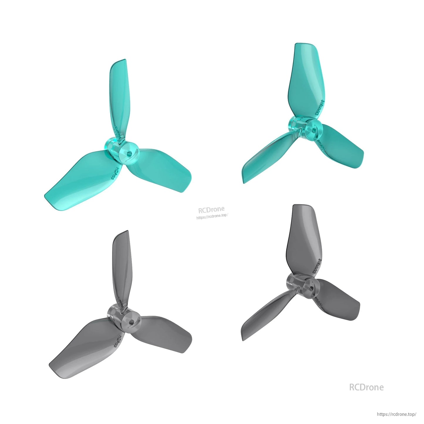 Side-profile views of 31mm three-blade propellers in teal and gray, showing blade thickness and curvature