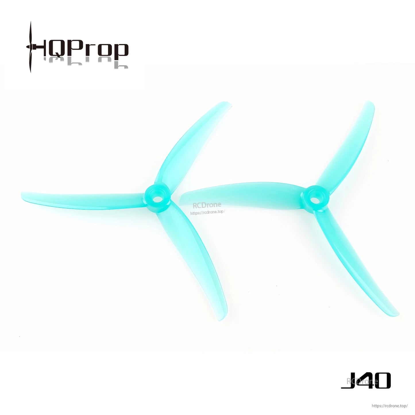 Teal translucent J40 3-blade propellers with 5mm hub opening, pair on white background