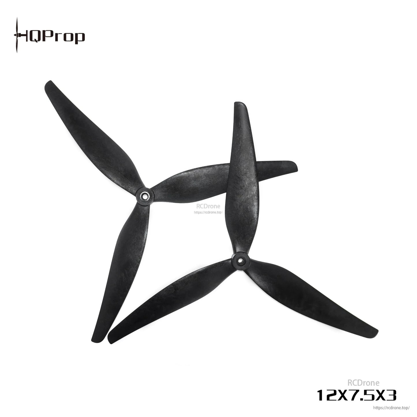 12X7.5X3 tri-blade propeller pair, black finish, alternate studio image with RCdrone watermark