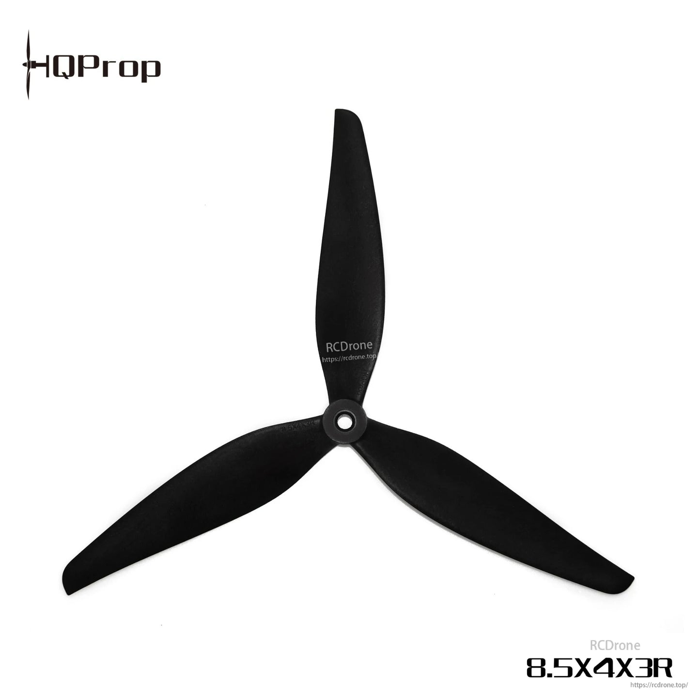 Black 8.5x4x3R tri-blade propeller with HQProp logo and size text on white background