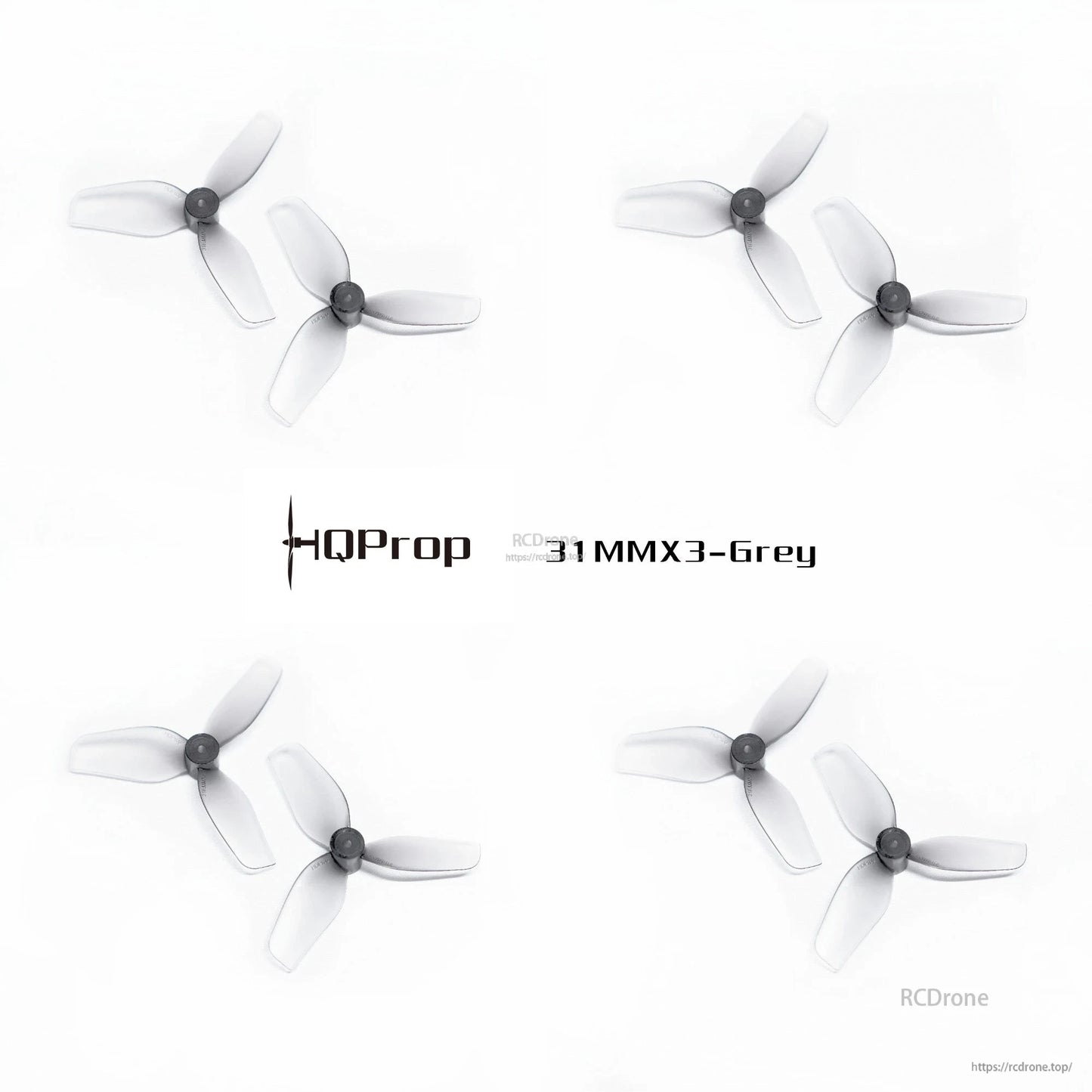 Four grey 31MMx3 tri-blade whoop props arranged as a 4-pack on white background