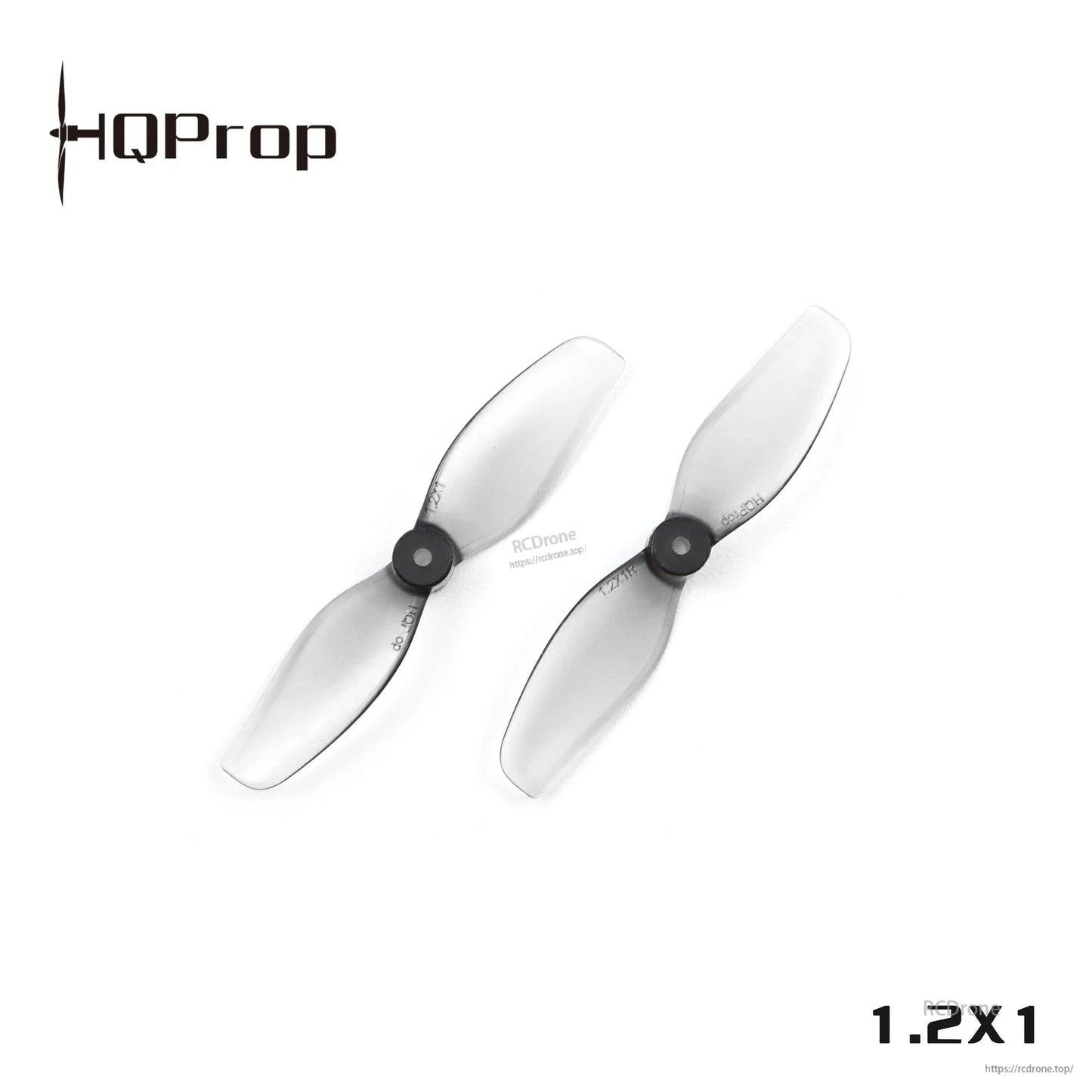 Two translucent grey 2-blade whoop propellers, close-up view with HQProp logo and 1.2x1 text
