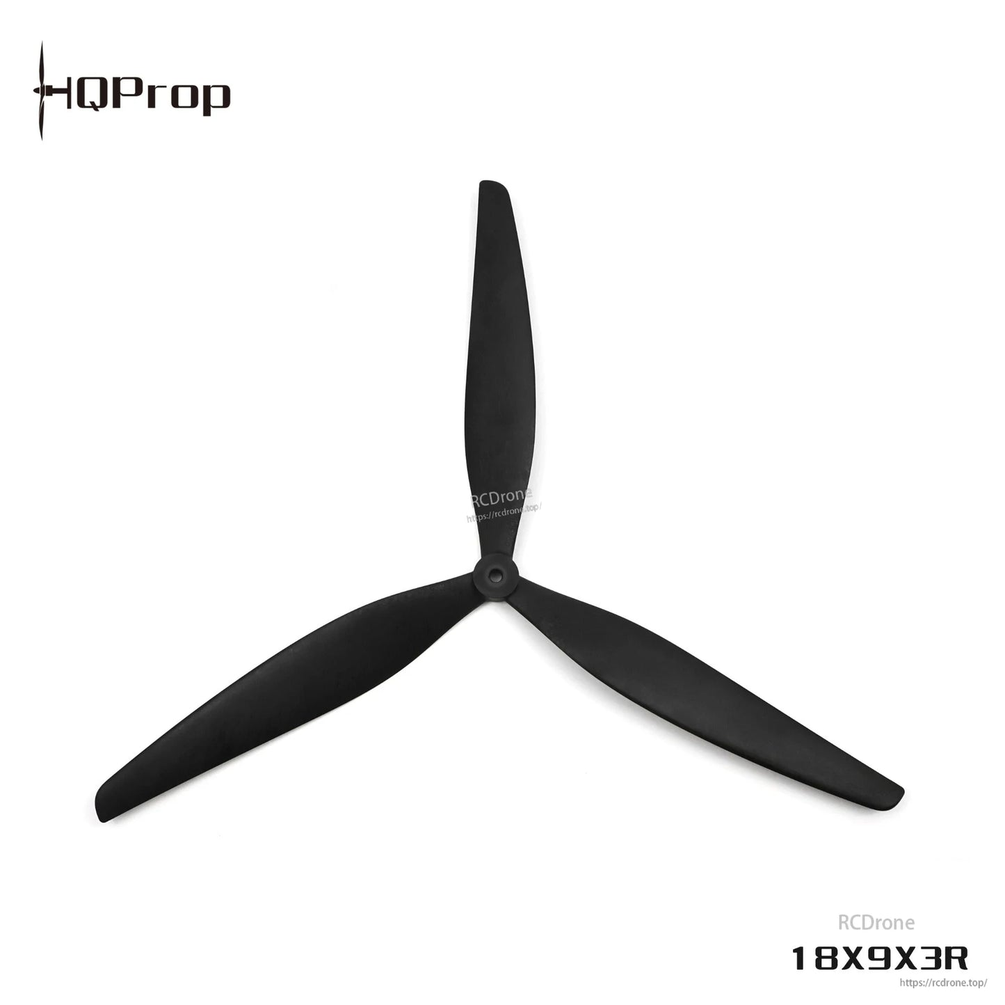 Black 18X9X3R tri-blade propeller, top view with hub detail centered