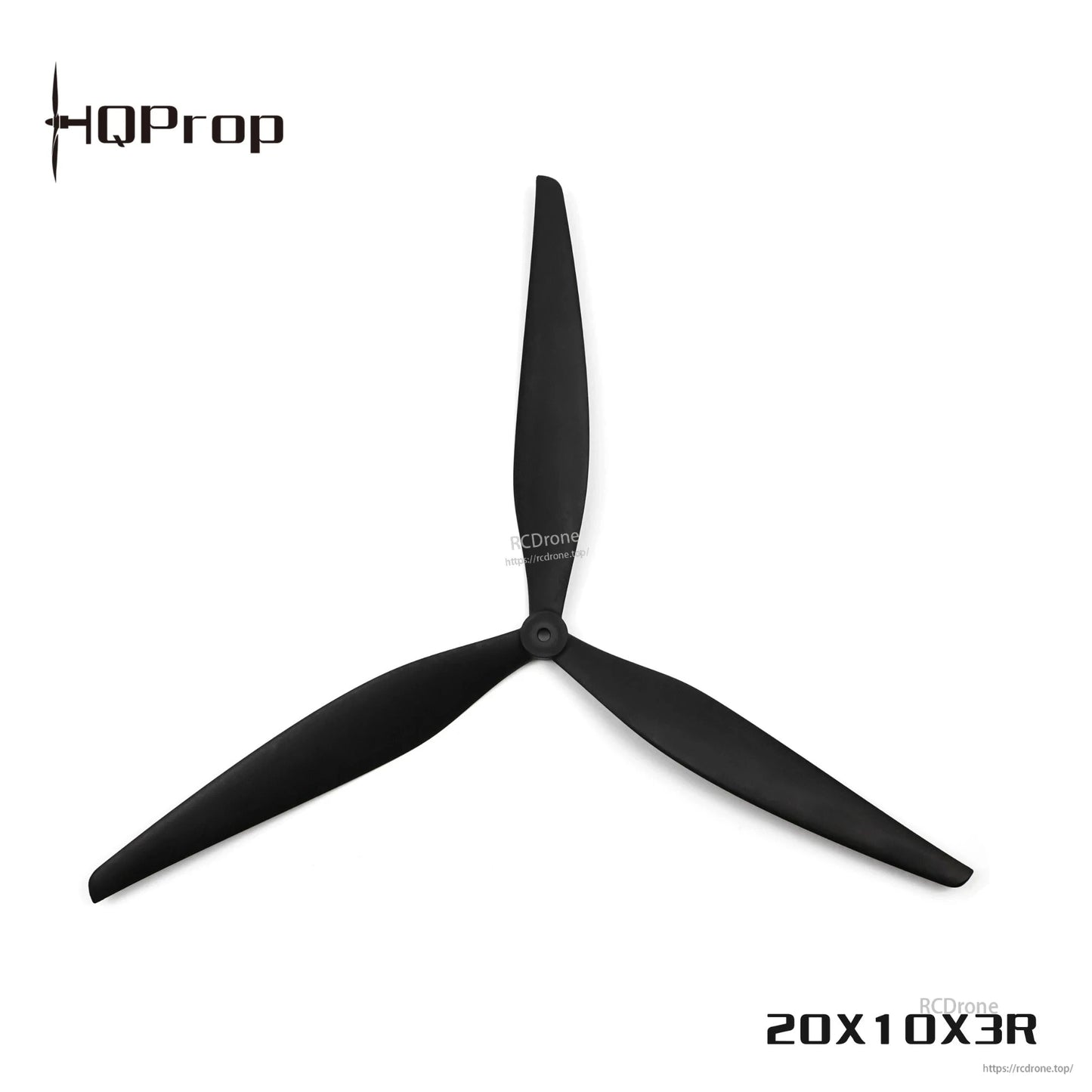 20X10X3R black 3-blade propeller close view showing hub and blade shape, white background
