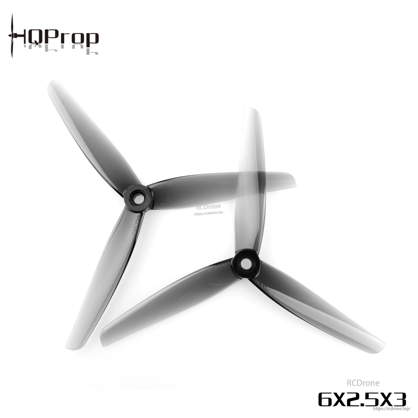 Two light grey tri-blade propellers with 6X2.5X3 size text and RCDRone watermark on white