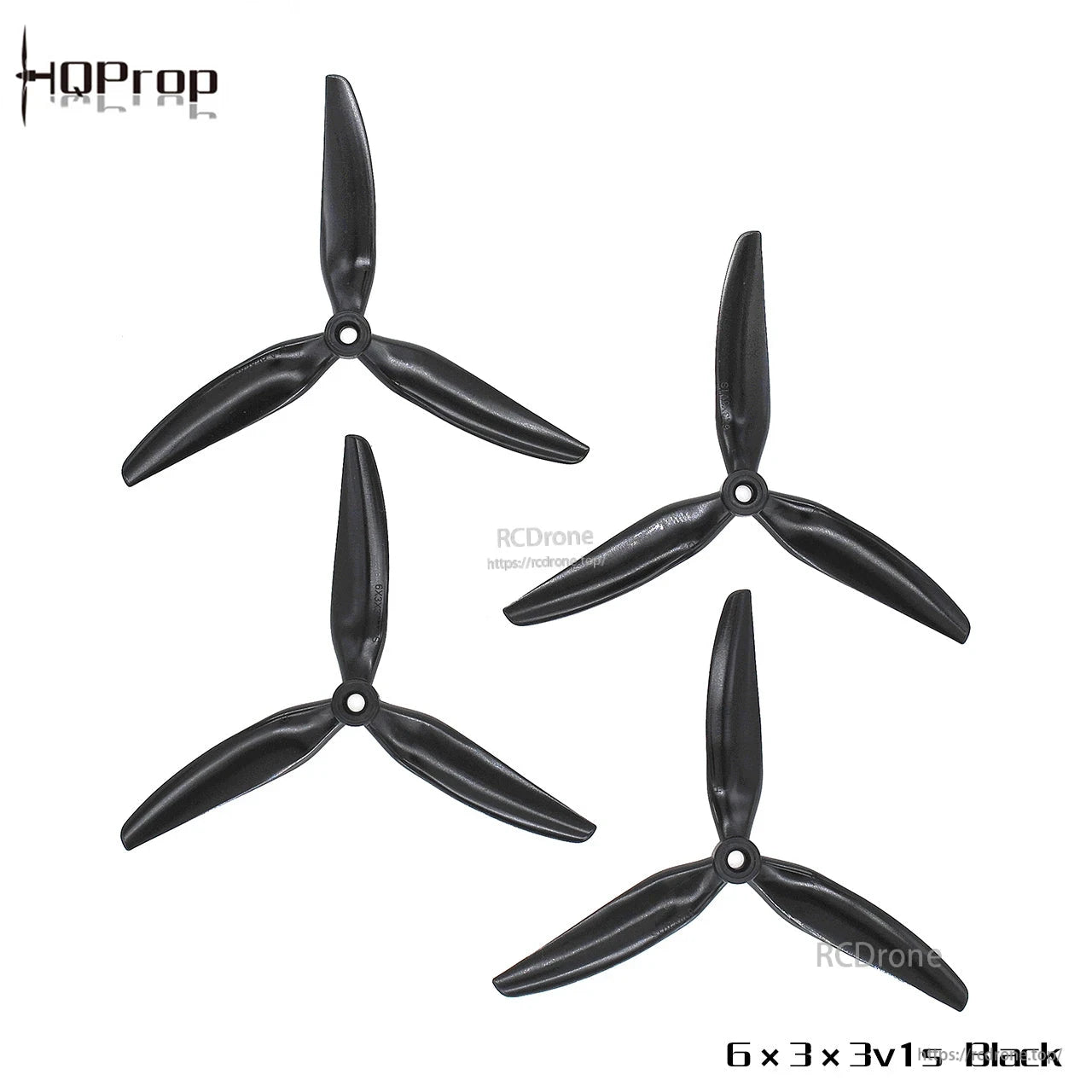 HQProp 6x3x3v1s propellers in black, four 3-blade props with size text and branding