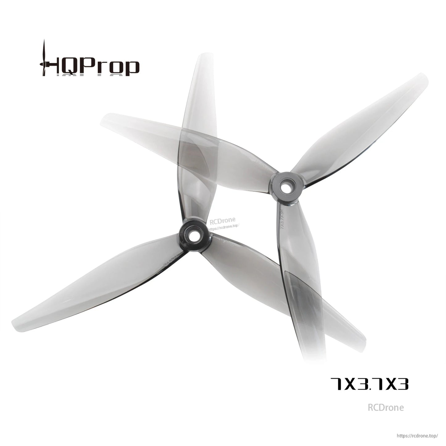 HQProp 7x3.7x3 grey 7-inch 3-blade propeller set showing two props (2CW + 2CCW)