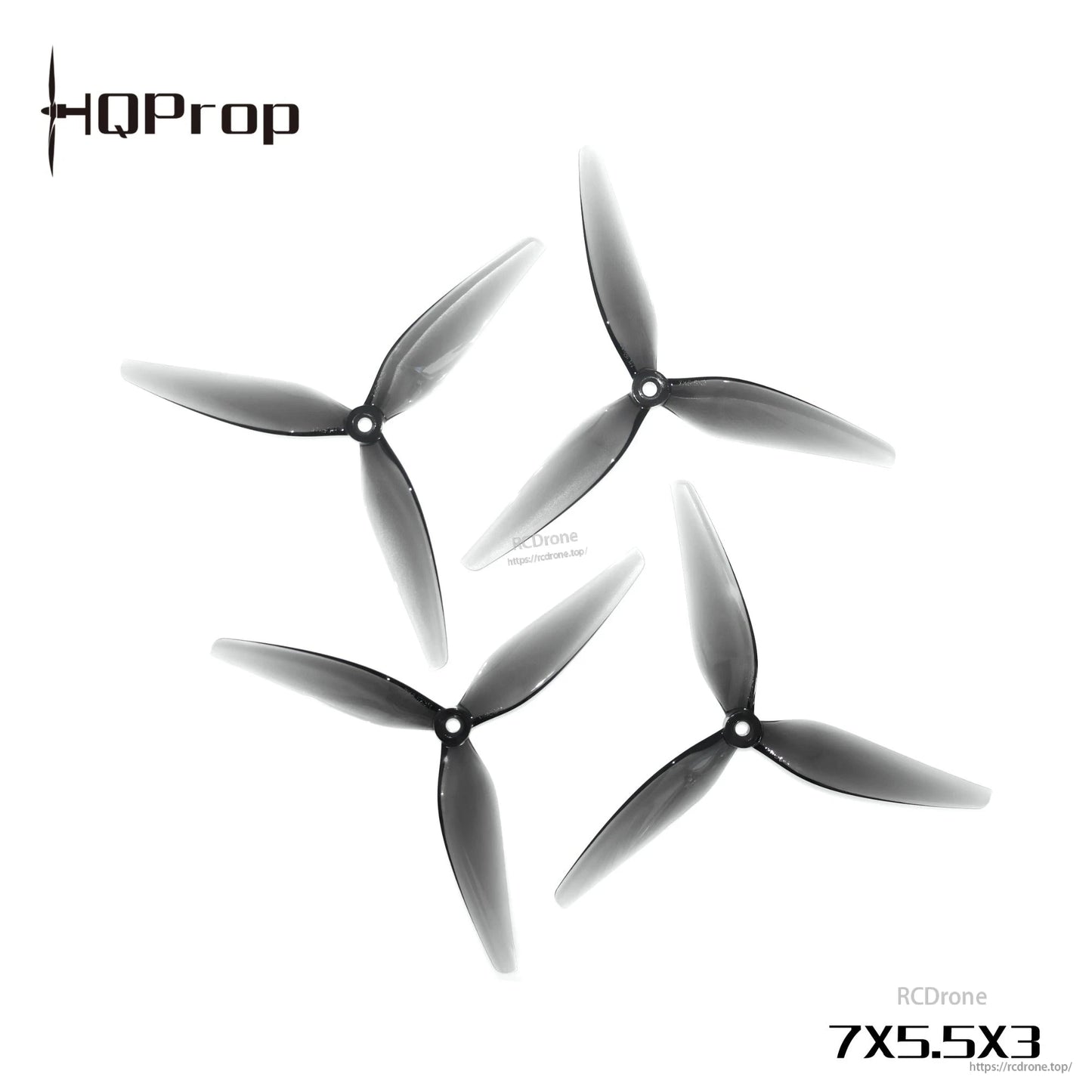 Four grey 3-blade drone propellers arranged in a circle with HQProp logo and 7x5.5x3 marking