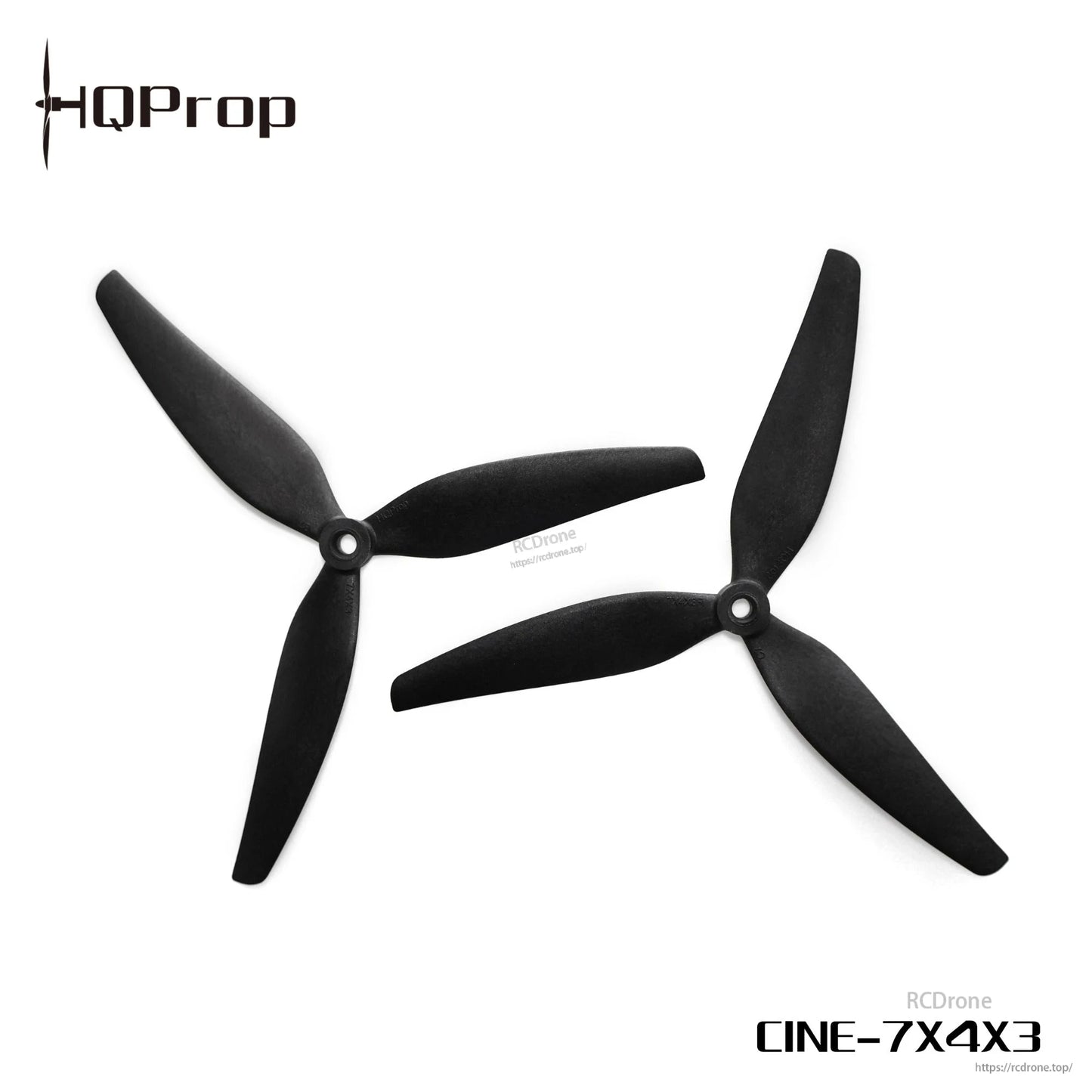 CINE-7X4X3 black tri-blade propellers shown as a matched pair with printed model label