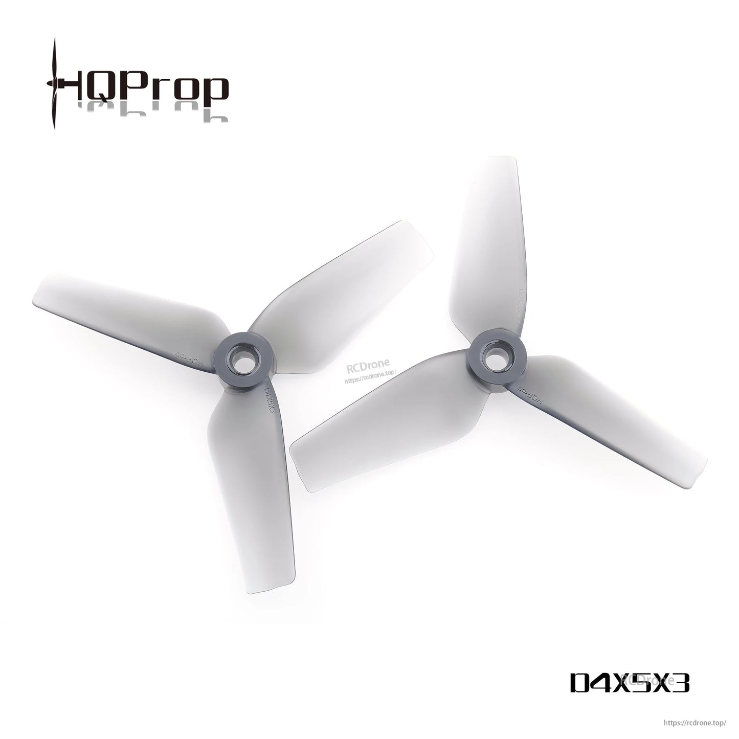 Grey 3-blade drone propellers with HQProp logo and D4X5X3 text on white background