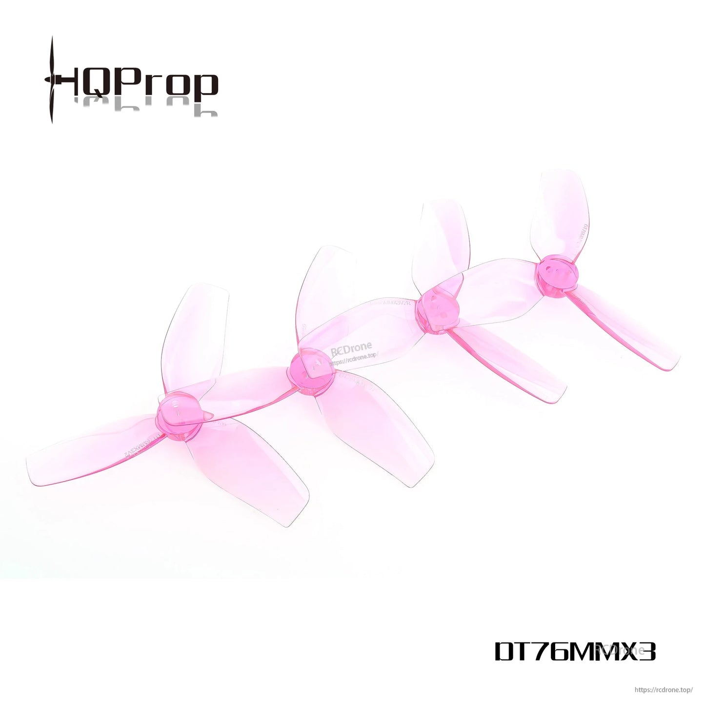 Transparent pink tri-blade cinewhoop propellers grouped together, angled view on white background