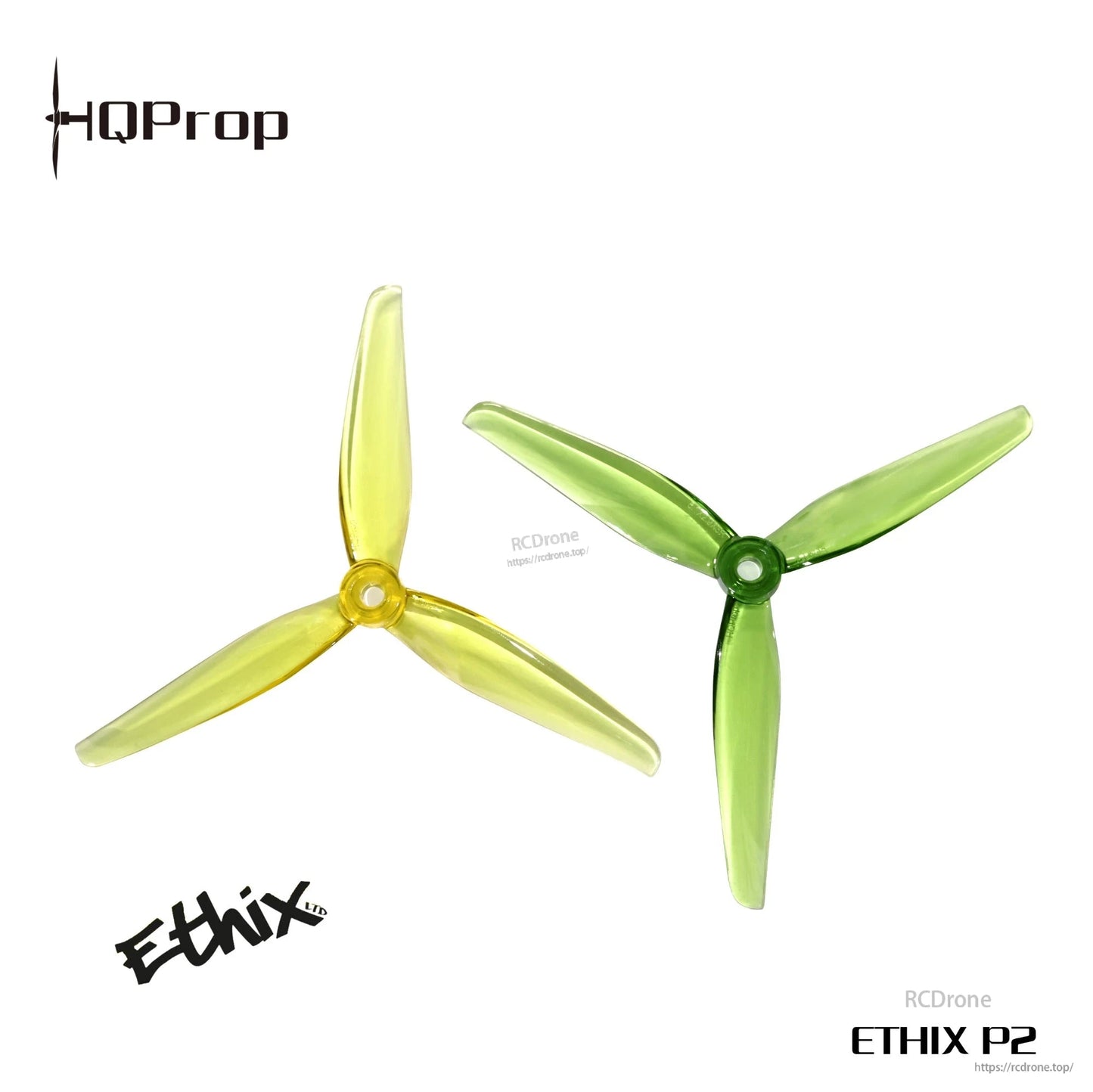 Two HQProp Ethix P2 Pickle 5.1in 3-blade props shown close-up, one yellow and one green