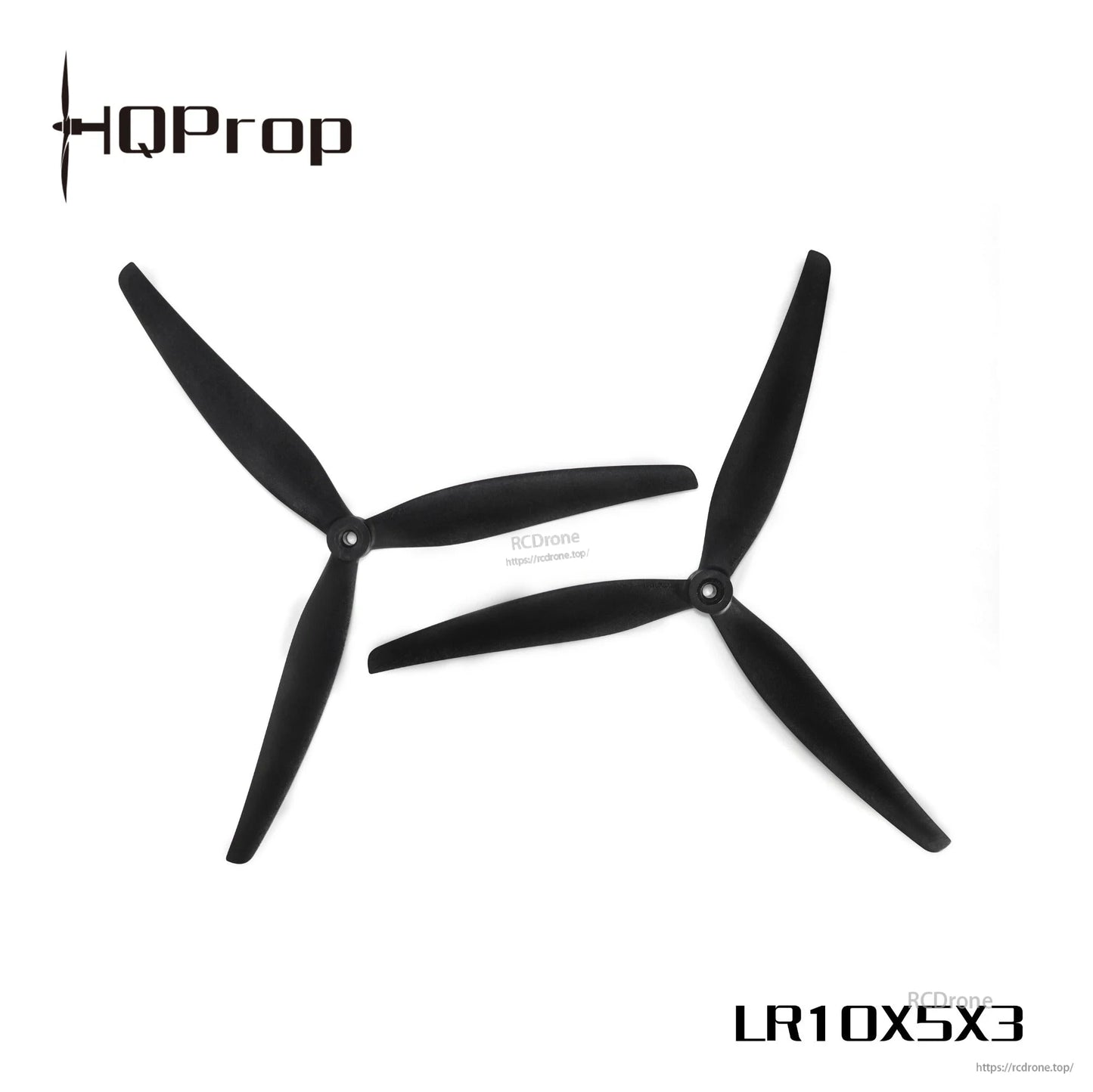 Pair of black three-blade drone propellers crossed, labeled LR10X5X3 with RCDrone watermark
