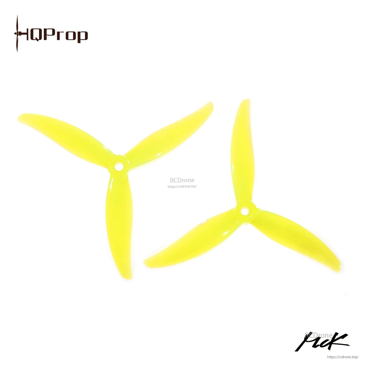 Bright yellow 3-blade drone propellers, pair shown top view on white background