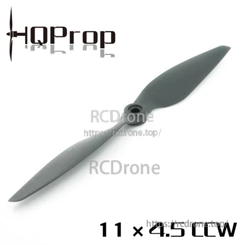 HQProp 11x4.5 CCW propeller image with RCDRone watermark, two-blade gray prop and hub