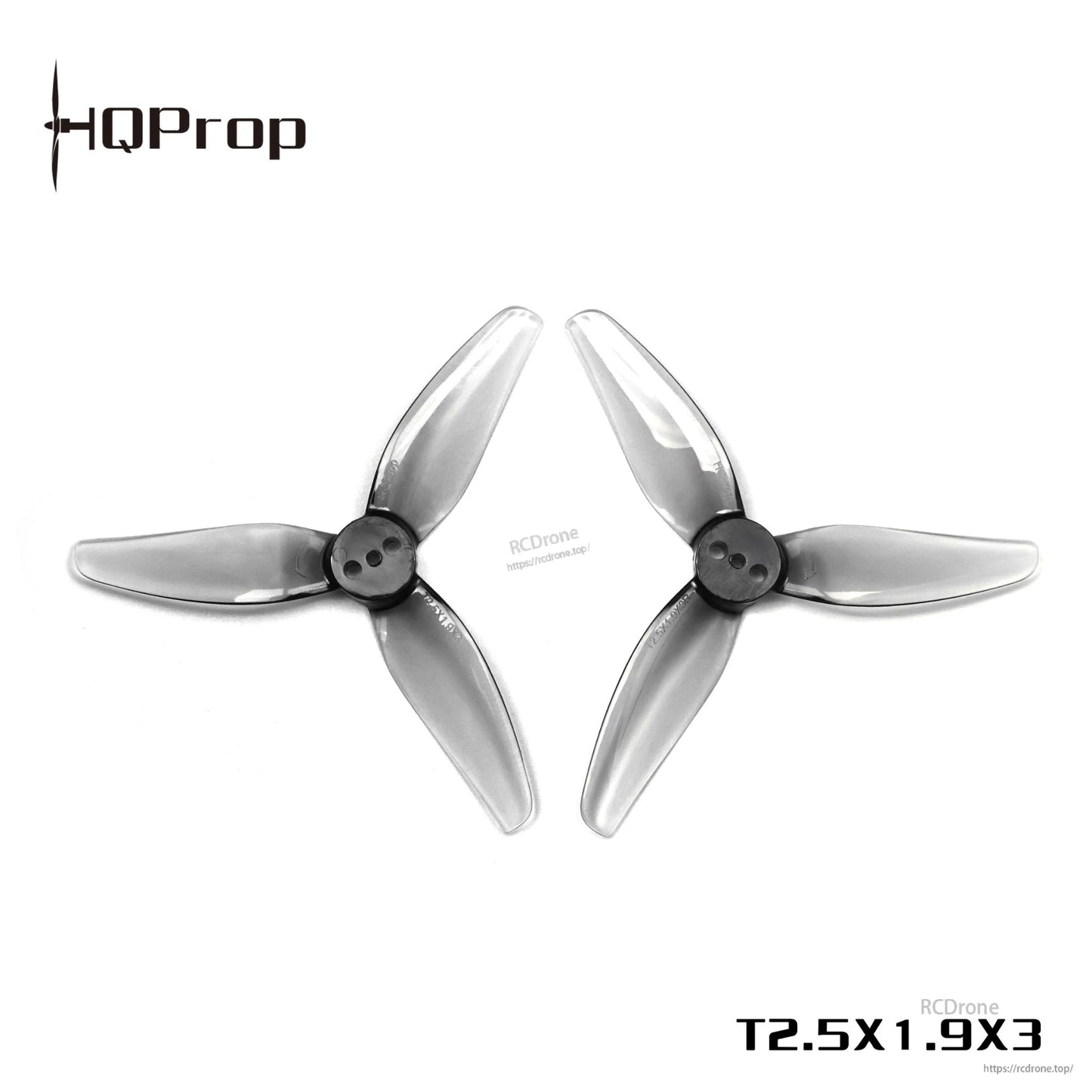 Grey 3-blade drone propellers with 3-hole hub, T2.5X1.9X3 marking on white background