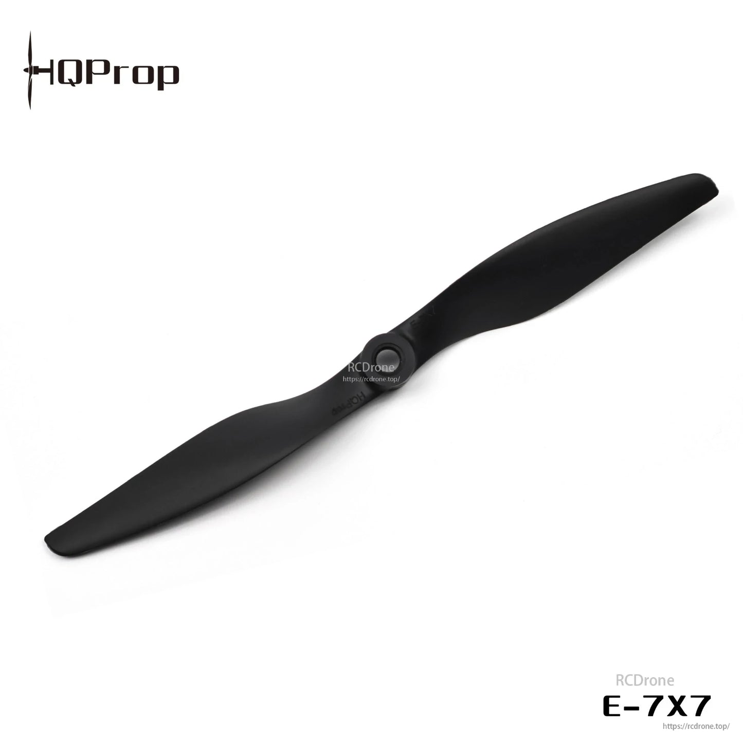Black 2-blade thin electric propeller with E-7X7 marking, HQProp logo and RCDrone watermark