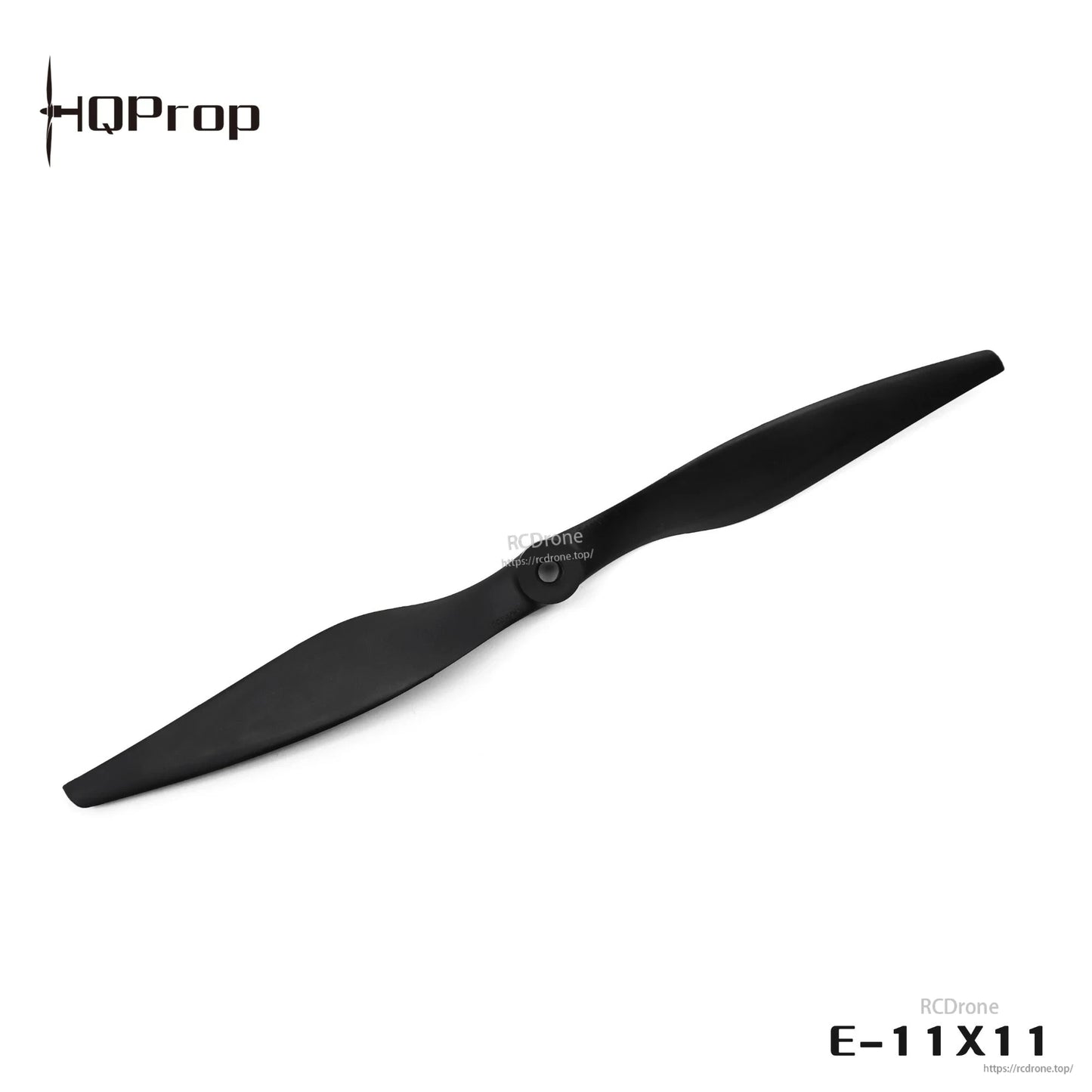 E-11X11 two-blade propeller with center hub close-up and watermark, black prop on white