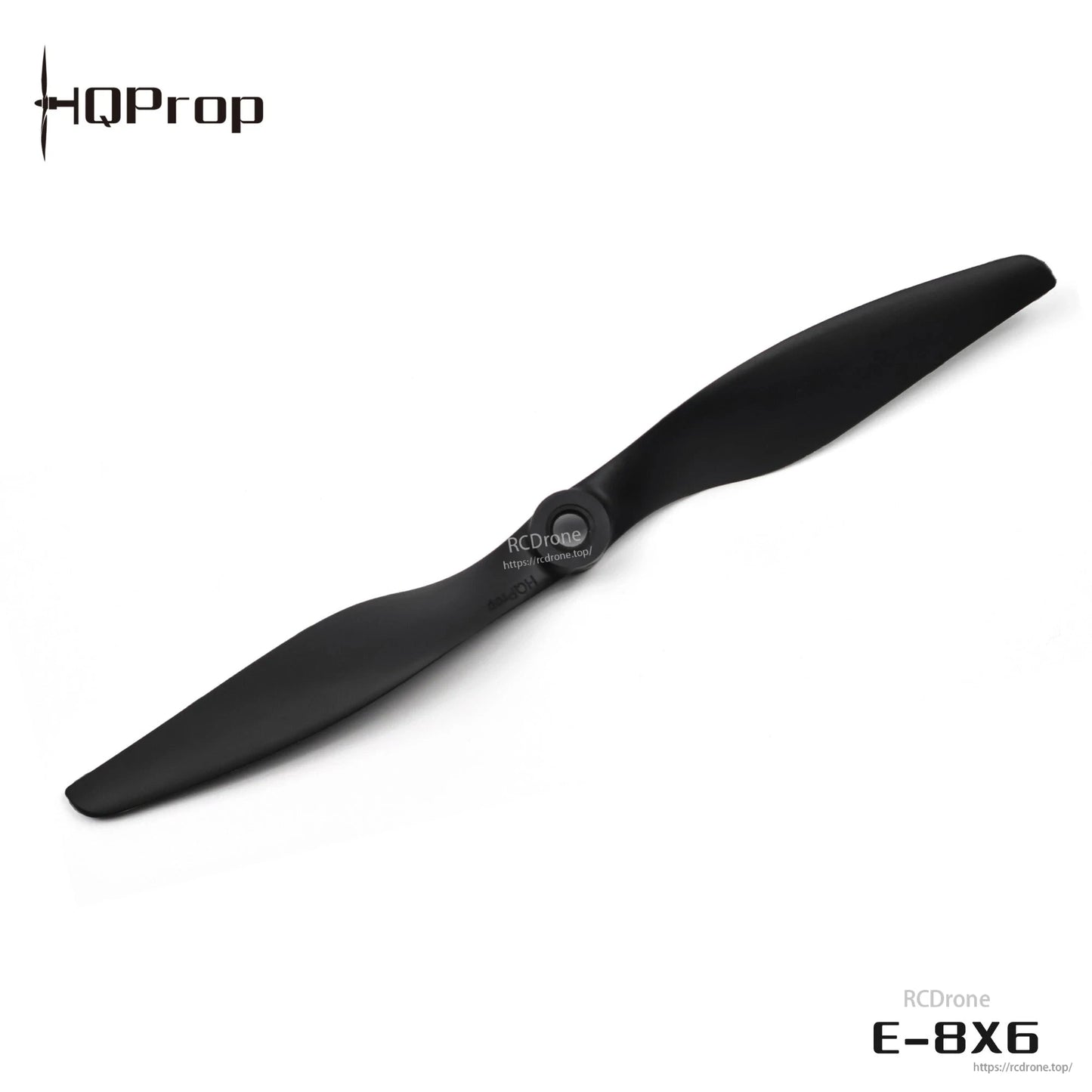 HQProp E-8X6 two-blade propeller on white background with RCDRone watermark and model text