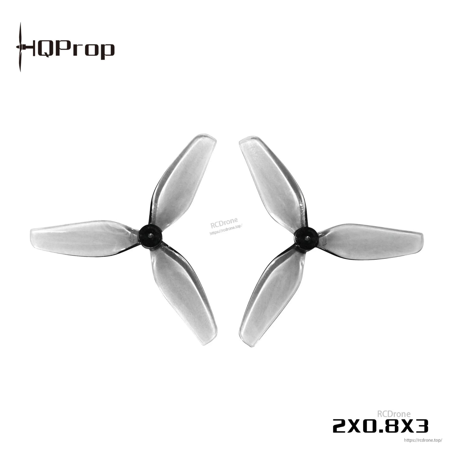 Two translucent gray 3-blade whoop propellers shown with RCDRone watermark and 2x0.8x3 text