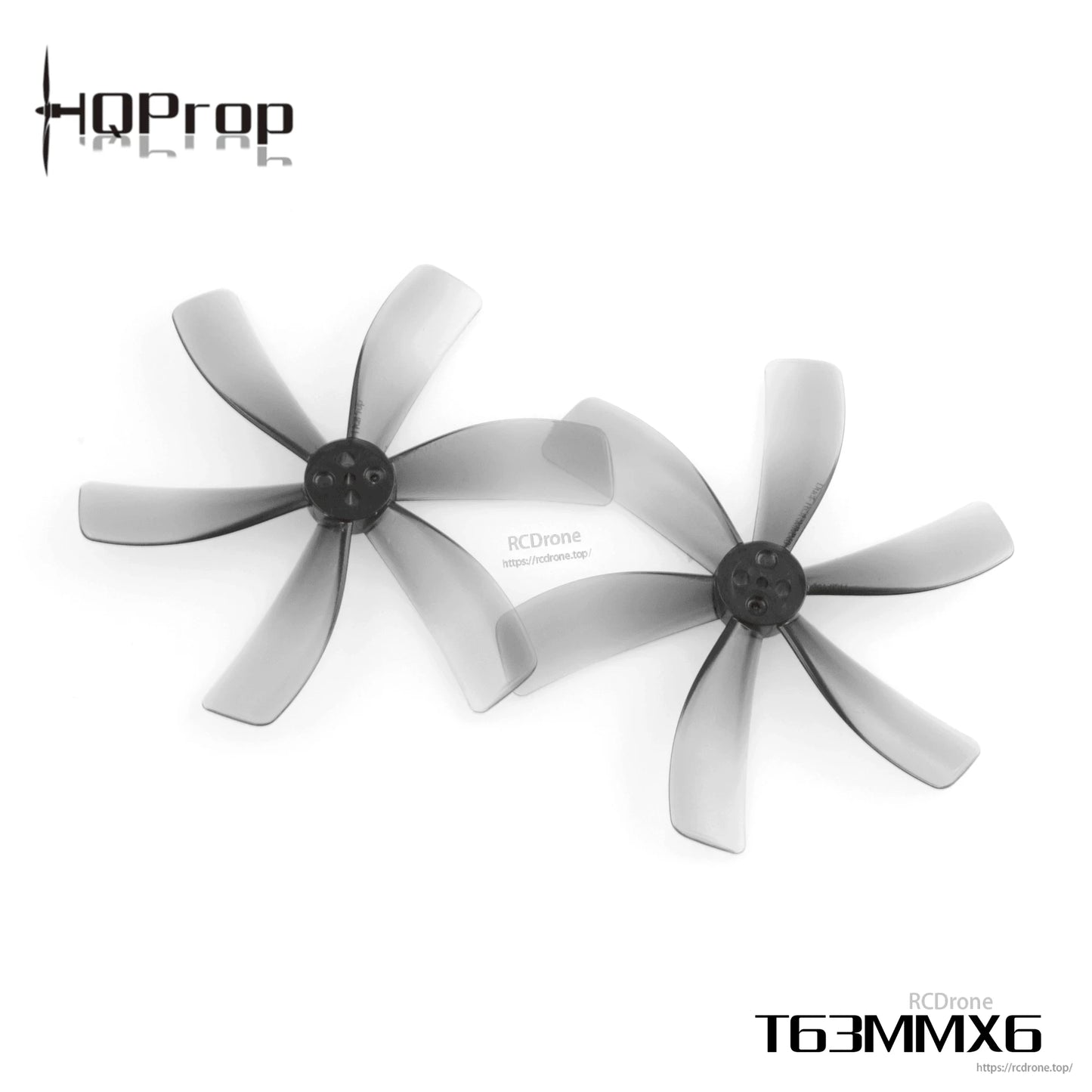 Two translucent gray 6-blade propellers with T63MMX6 text and RCDrone watermark on background
