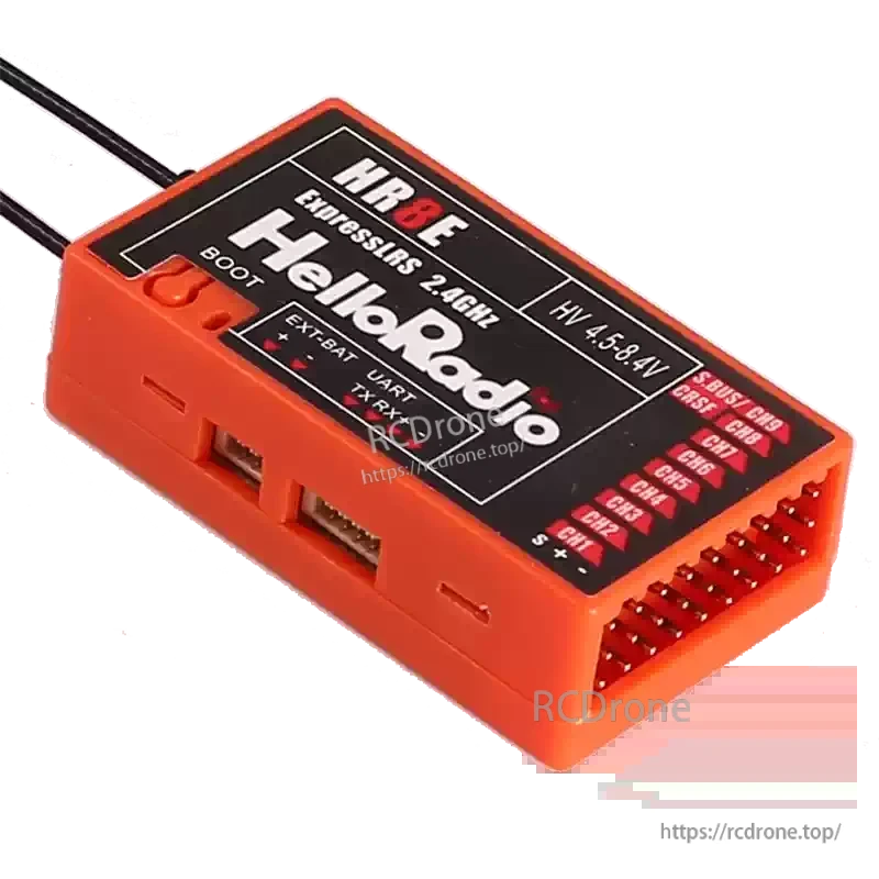 HelloRadioSky HR8E 2.4GHz ELRS 9CH PWM Receiver, HR8E ExpressLRS 2.4GHz receiver: 9-channel, HV input, dual antenna, telemetry, PWM/UART, for fixed-wing planes and boats.