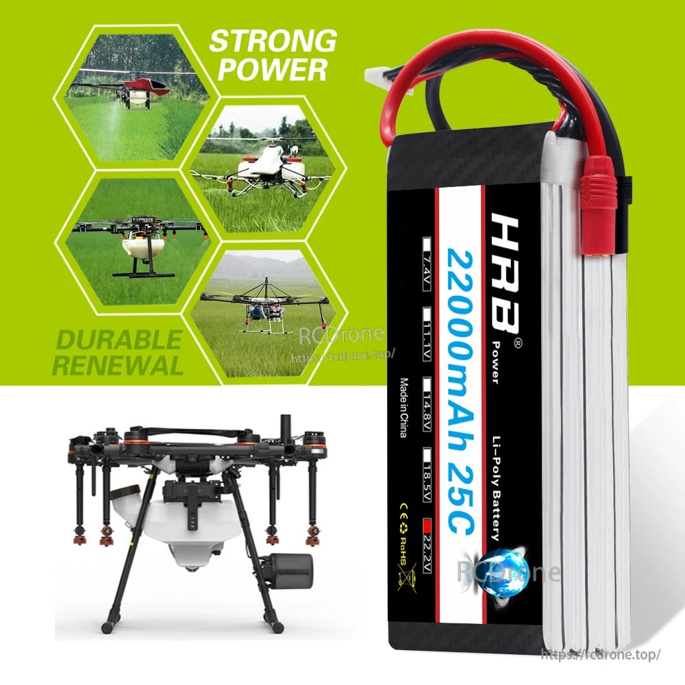 Application graphic showing heavy-lift drone use with 'Strong Power' and 'Durable Renewal' callouts beside battery pack